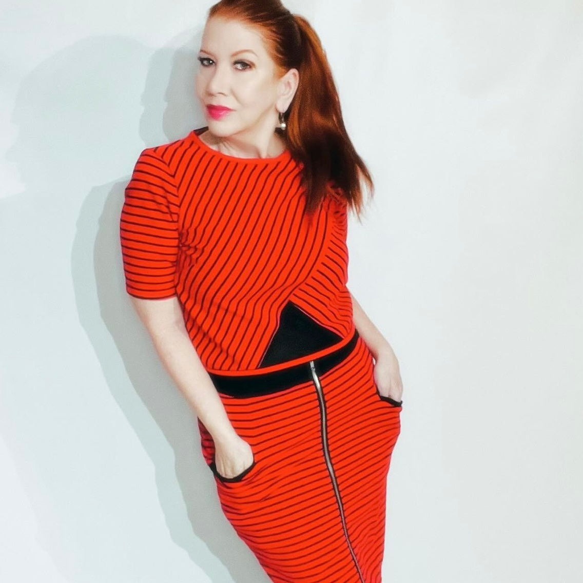 Vintage 1990s Red & Black Striped Knit Skirt Set