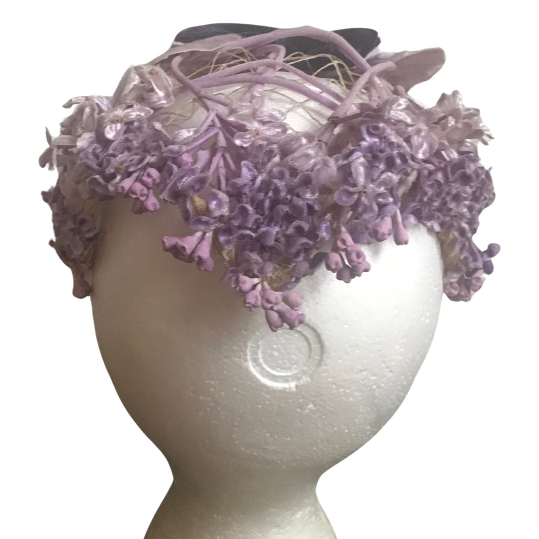Vintage 1950s Purple Floral Juliette Cap Hat