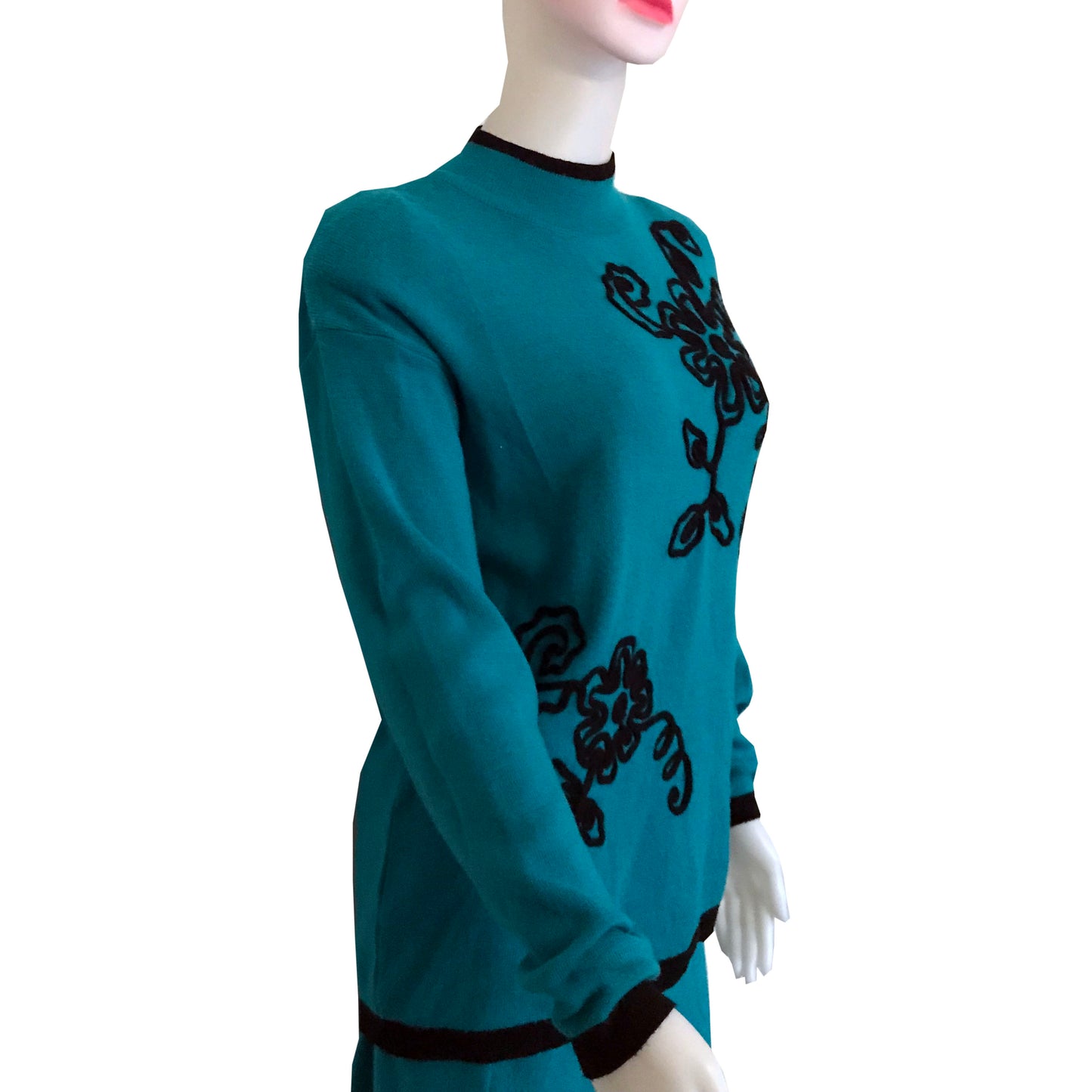 Vintage 1980s Adolfo Knits Embroidered Sweater & Skirt Set
