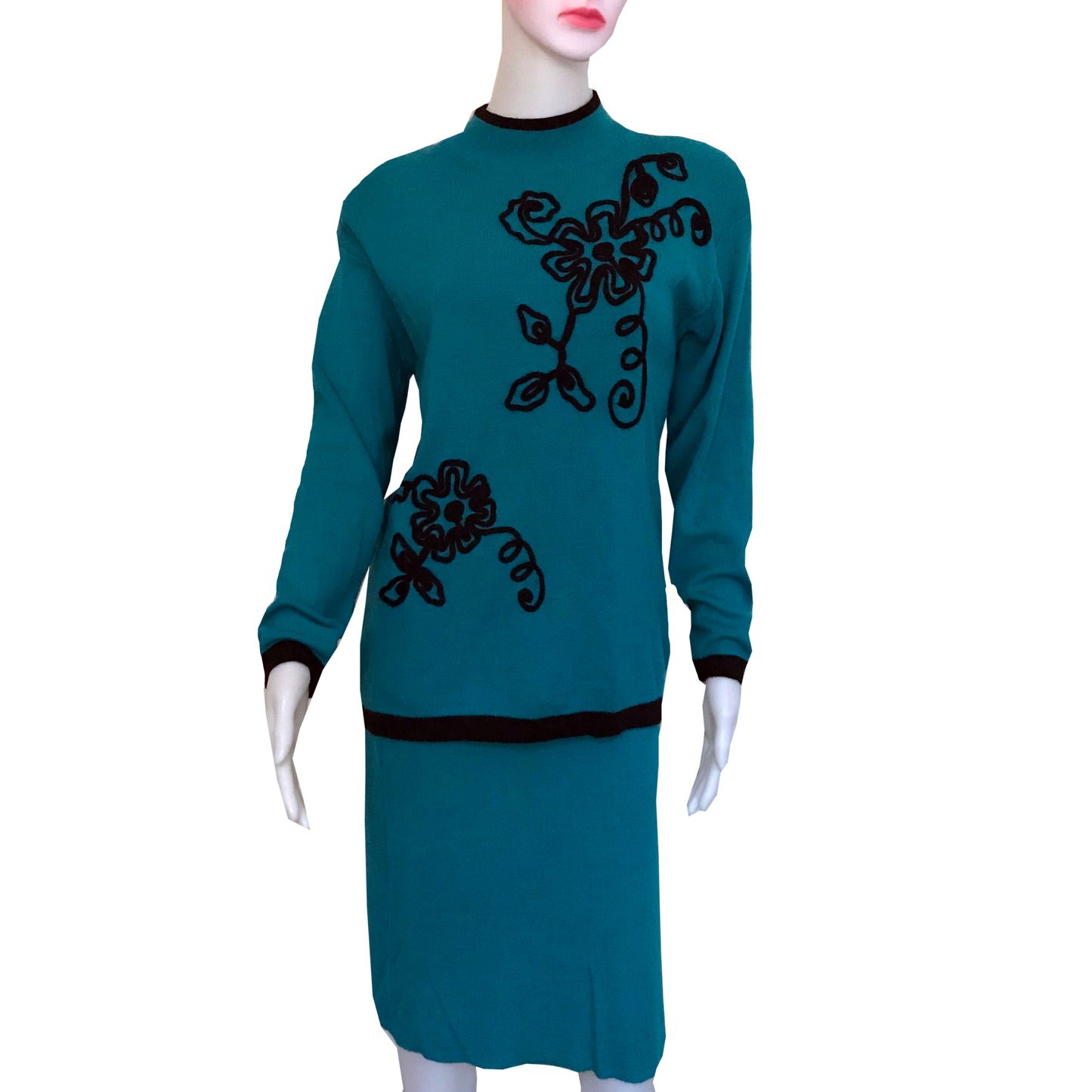 Vintage 1980s Adolfo Knits Embroidered Sweater & Skirt Set