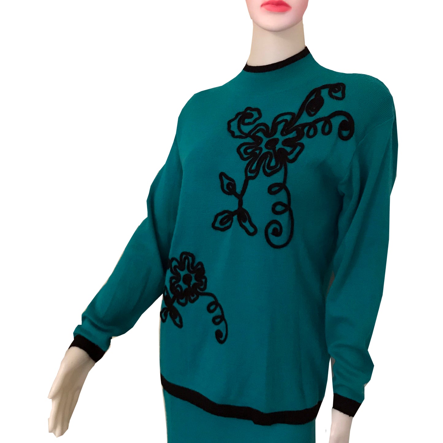 Vintage 1980s Adolfo Knits Embroidered Sweater & Skirt Set