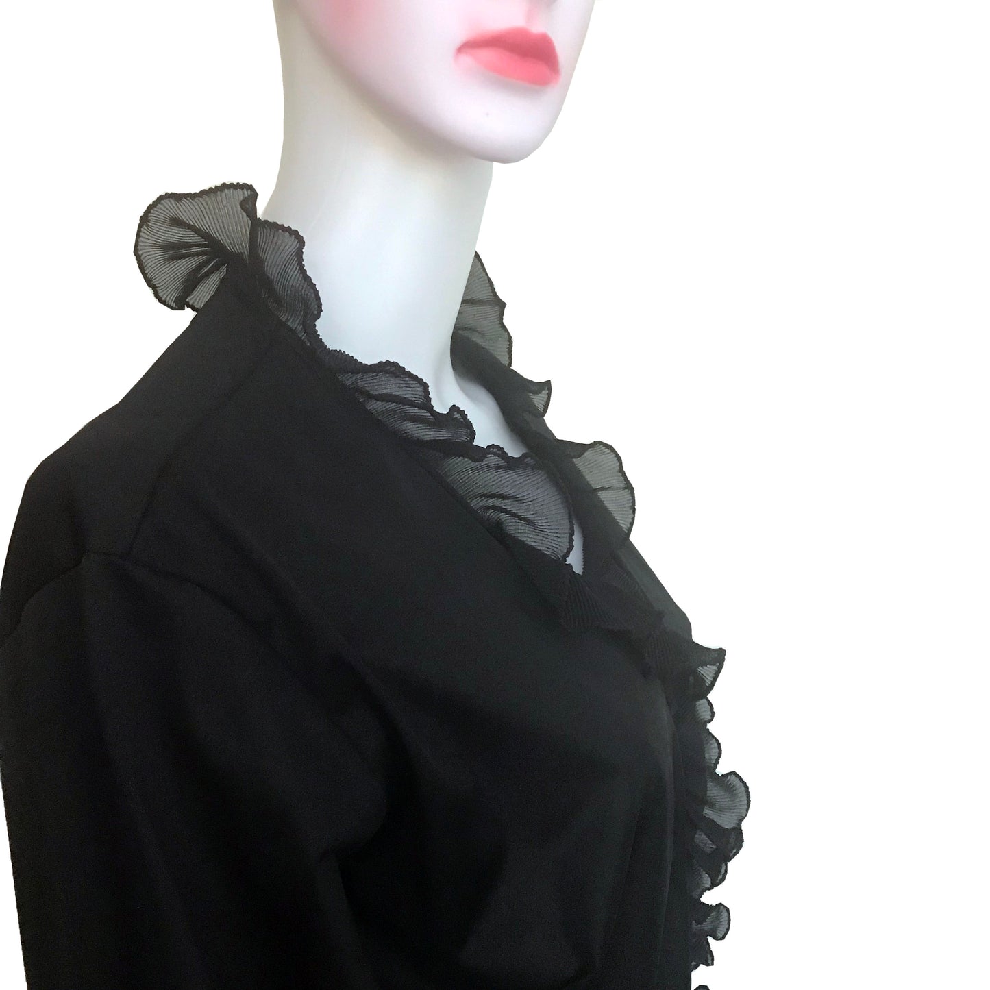 Vintage 1970s Black Satin Ruffled Bodysuit