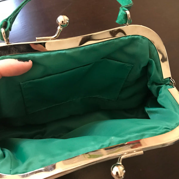 Vintage 1950s Emerald Green Satin Evening Bag