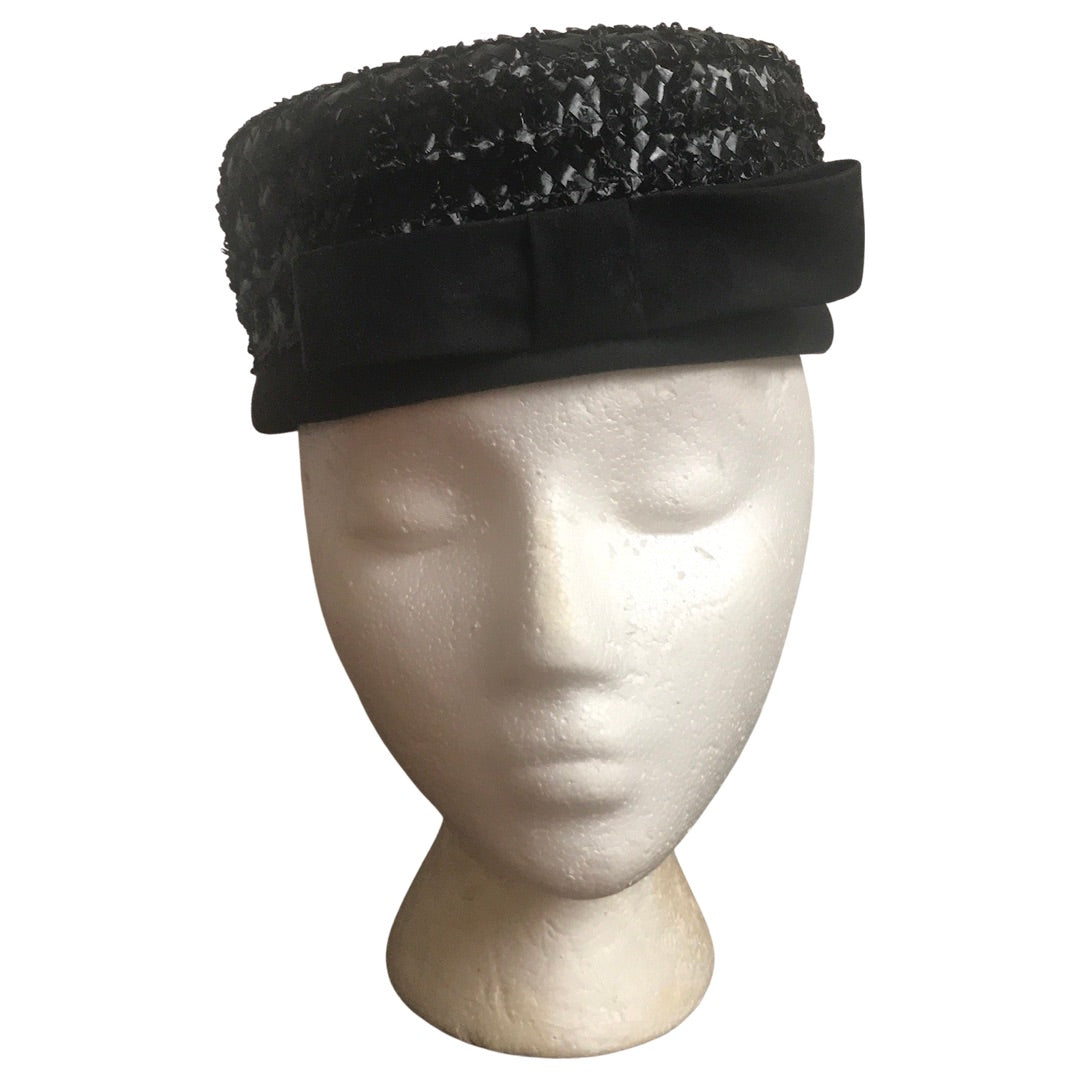 Vintage 1950s Black Pillbox Hat