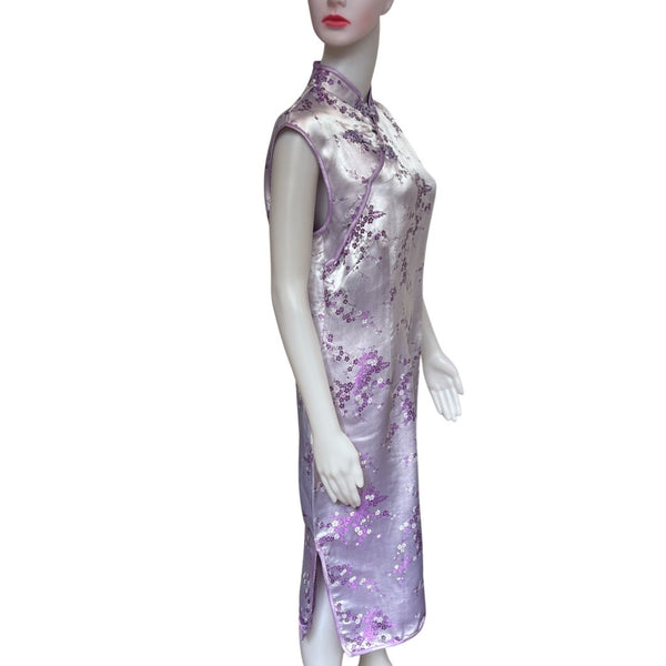 Vintage 1990s Lilac Purple Cheongsam Satin Dress