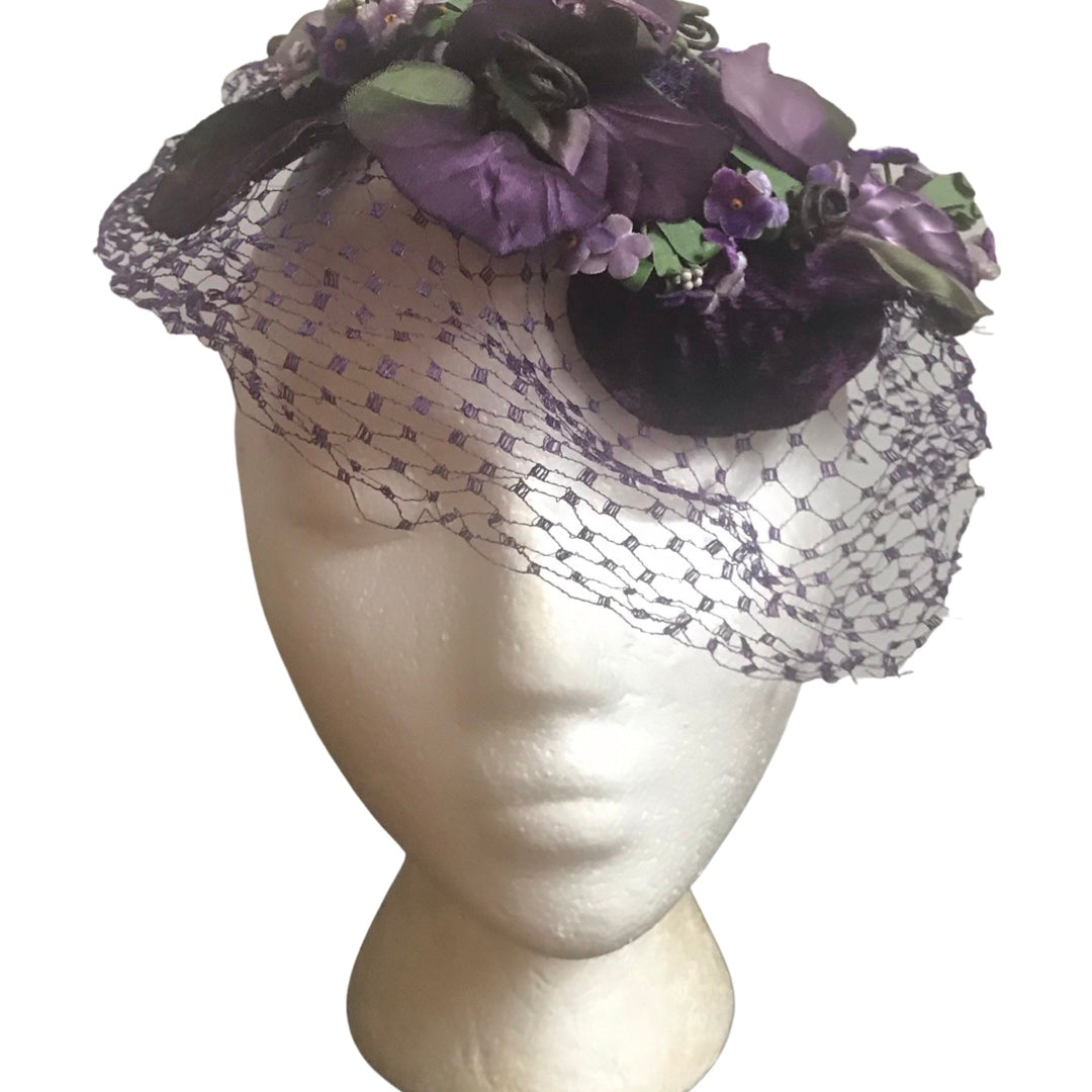Vintage 1950s Purple Silk Whimsy Flower Hat With Veil
