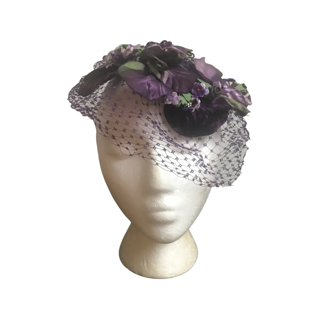Vintage 1950s Purple Silk Whimsy Flower Hat With Veil
