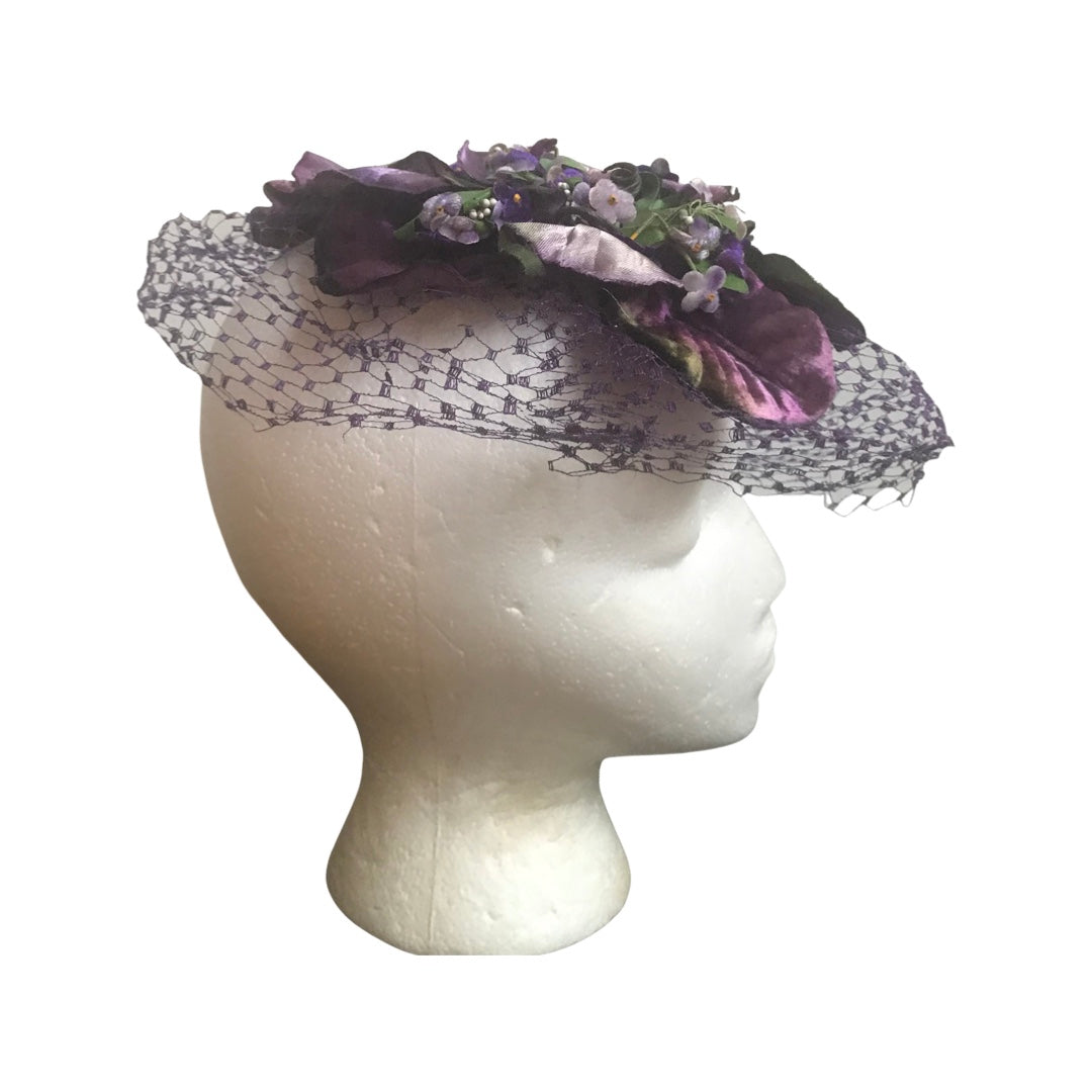 Vintage 1950s Purple Silk Whimsy Flower Hat With Veil