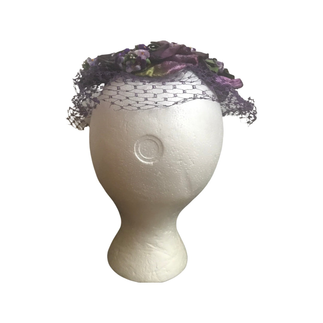 Vintage 1950s Purple Silk Whimsy Flower Hat With Veil