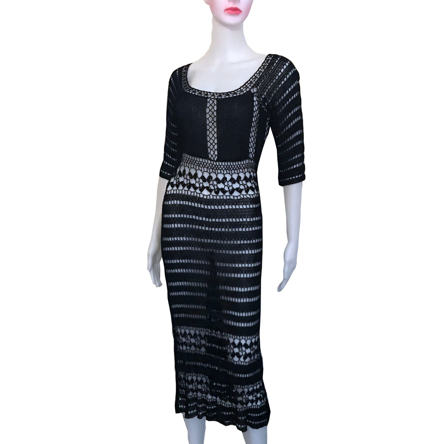 Vintage 1970s Sexy Black Crochet Sweater Dress