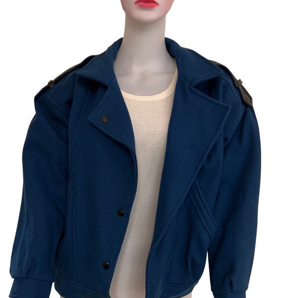 Vintage 1980s Blue Wool & Leather Bomber Jacket