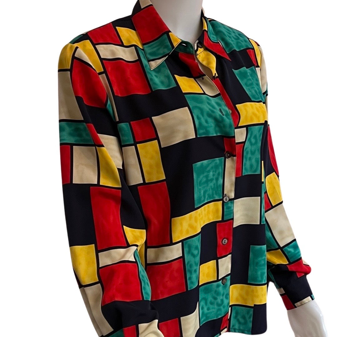 Vintage 1980s Satin Color Block Blouse
