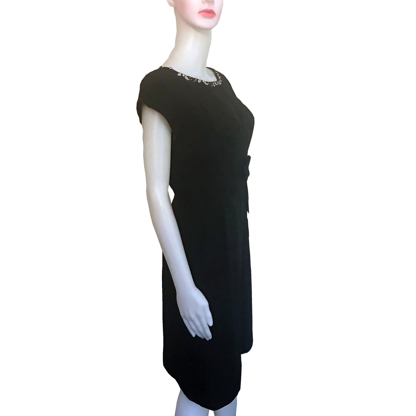 Vintage 1950s Embellished Black Crepe Wiggle Dress