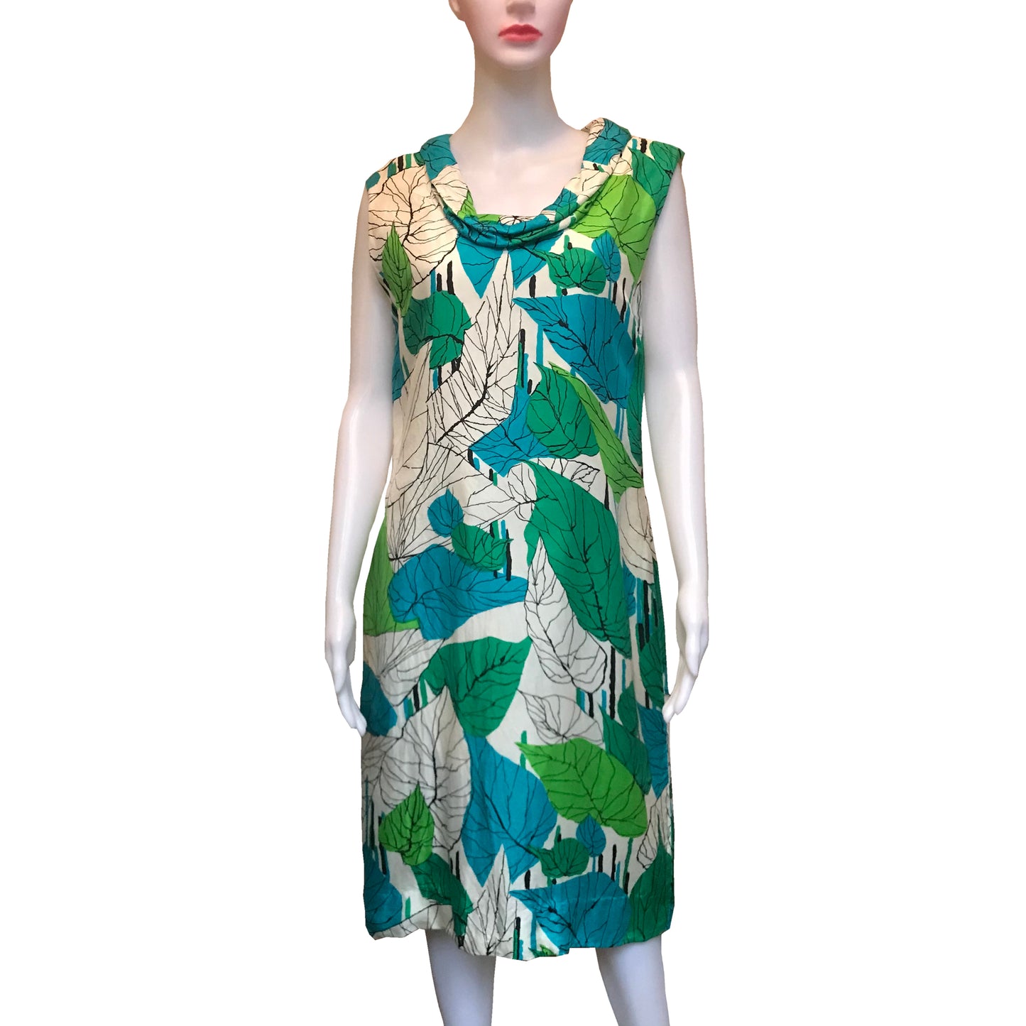 Vintage 1960s Silk Leaf Print Sleeveless Dress