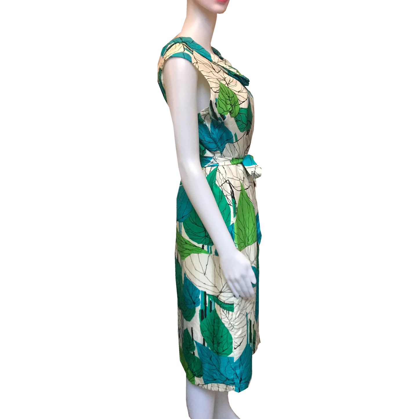 Vintage 1960s Silk Leaf Print Sleeveless Dress