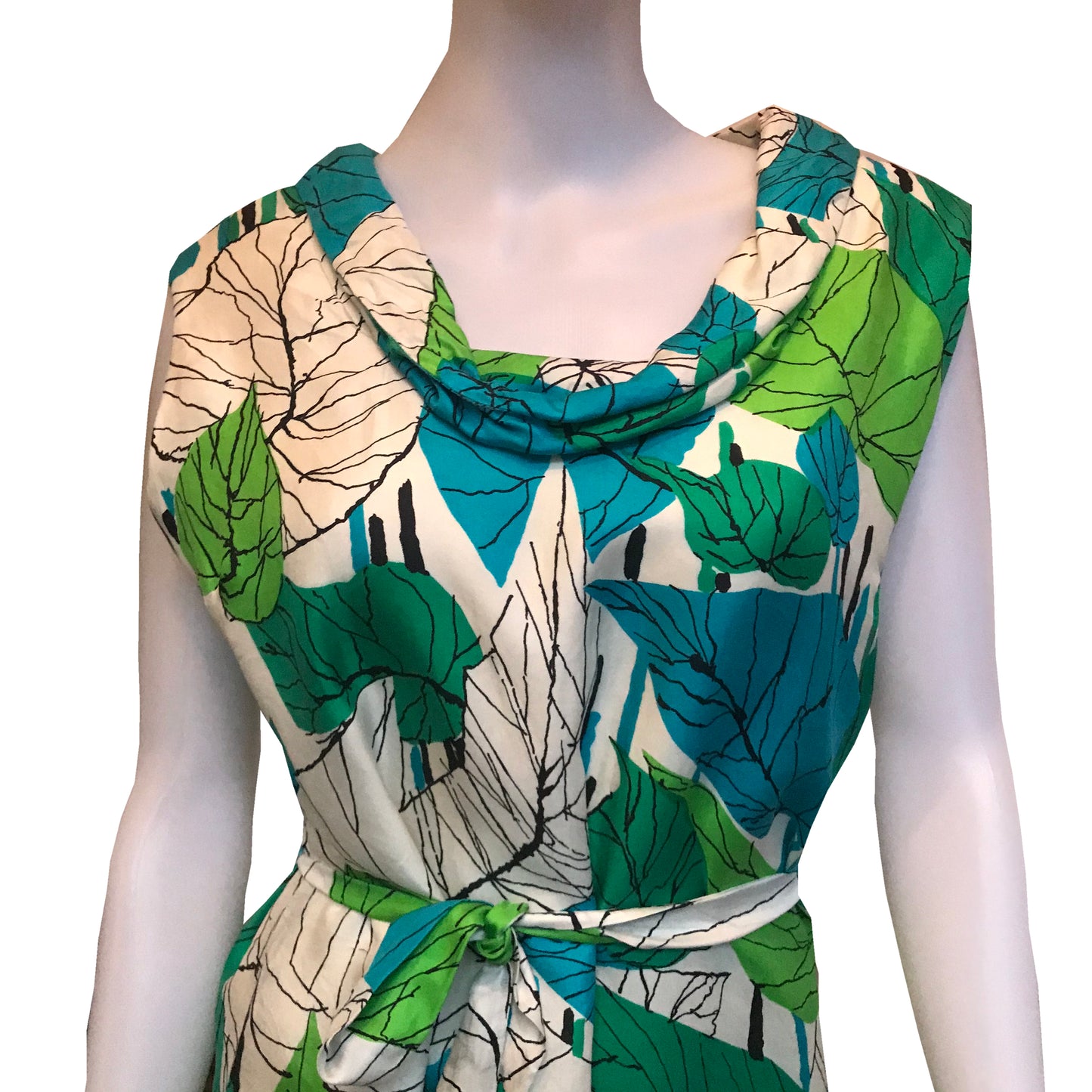 Vintage 1960s Silk Leaf Print Sleeveless Dress