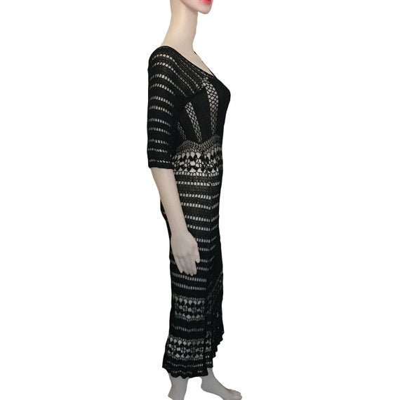 Vintage 1970s Sexy Black Crochet Sweater Dress