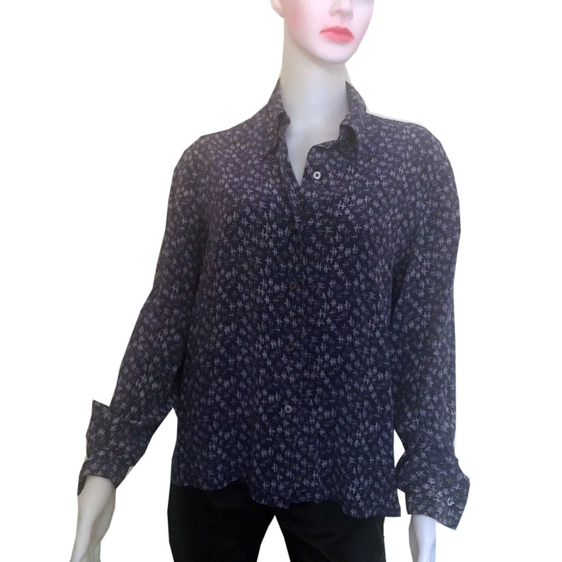 Vintage 1990s Halston Logo Purple Silk Blouse