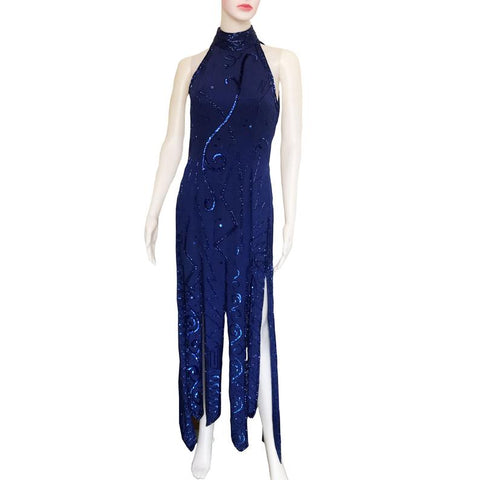 Vintage 1980s Lillie Rubin Blue Sequin Halter Dress