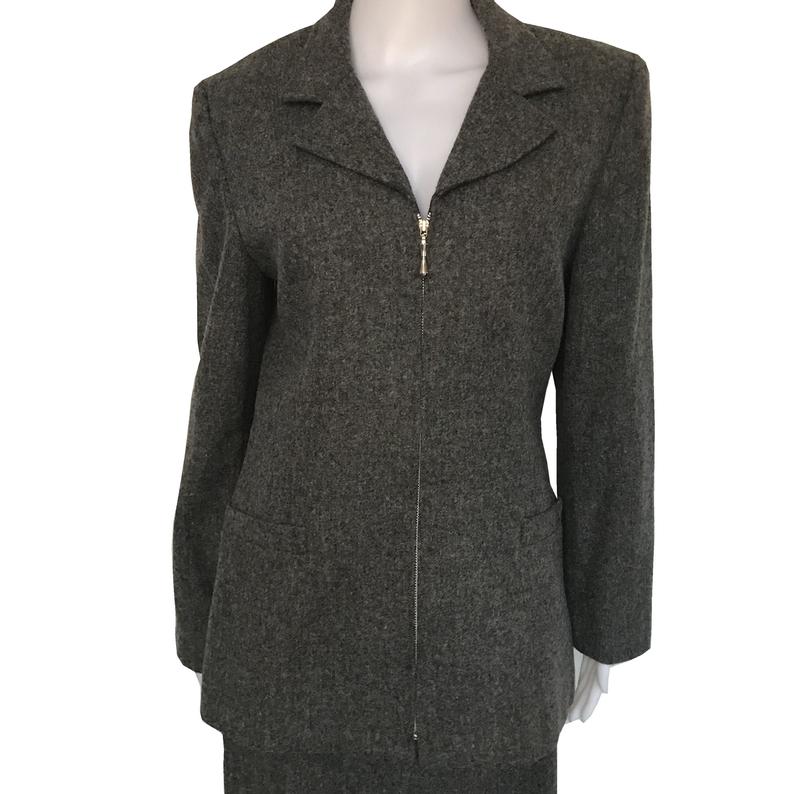 Vintage 1980s Oleg Cassini Gray Wool Skirt Suit