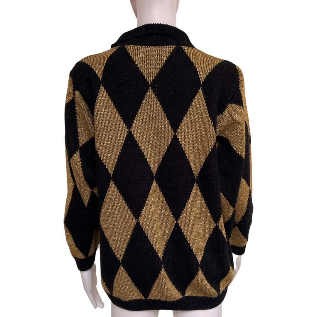 Vintage 1980s Harlequin Print Gold & Black Sweater