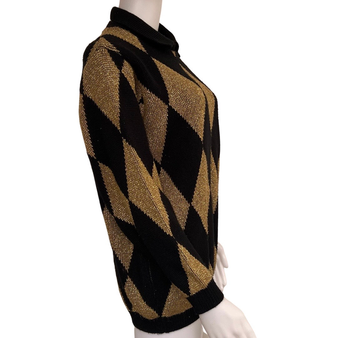 Vintage 1980s Harlequin Print Gold & Black Sweater