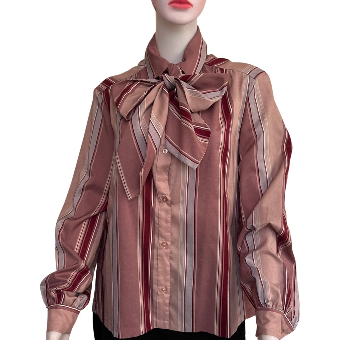 Vintage 1970s Striped Satin Pussy Bow Blouse