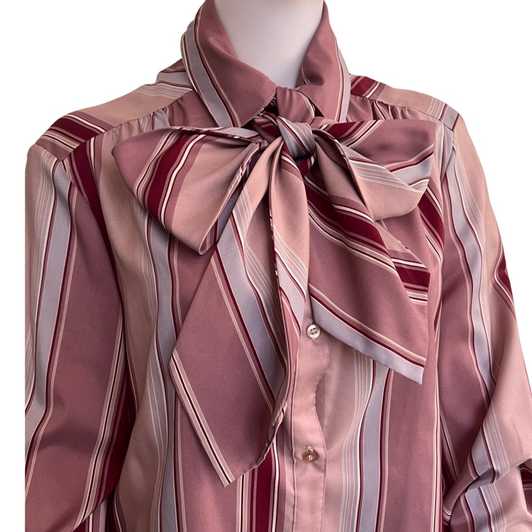 Vintage 1970s Striped Satin Pussy Bow Blouse
