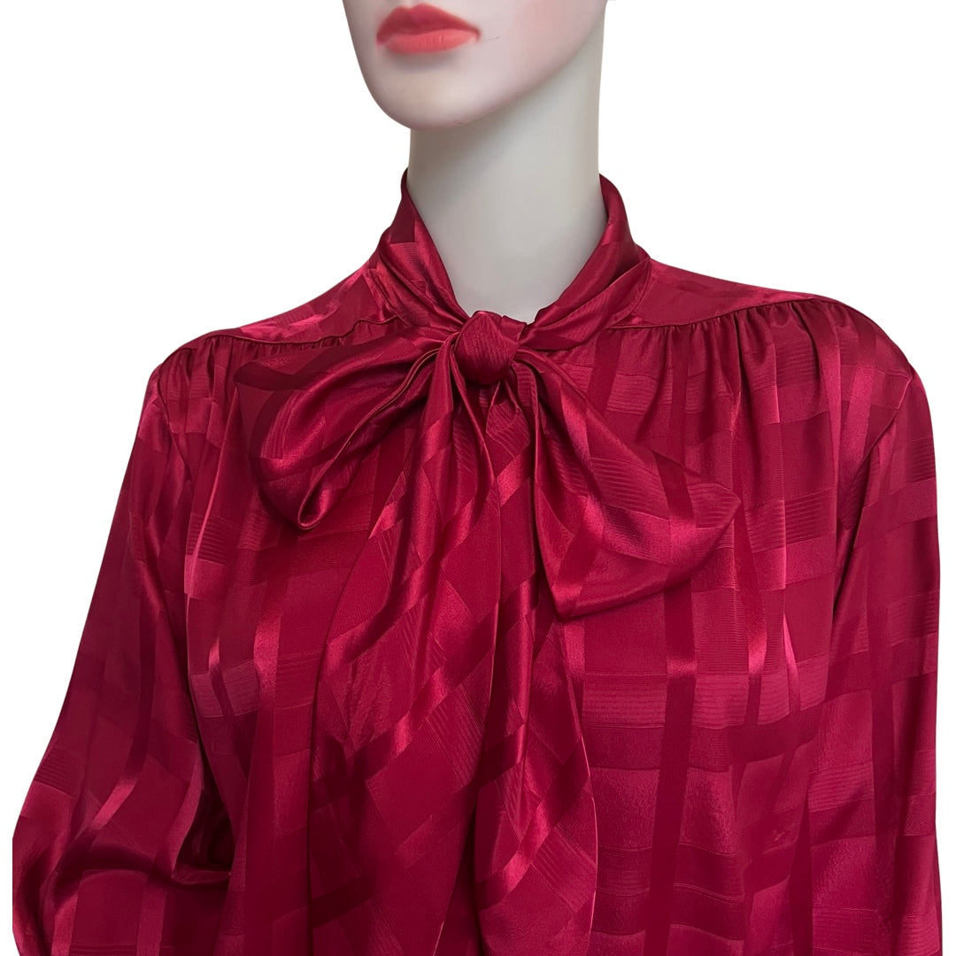 Vintage 1970s Satin Magenta Pussybow Blouse
