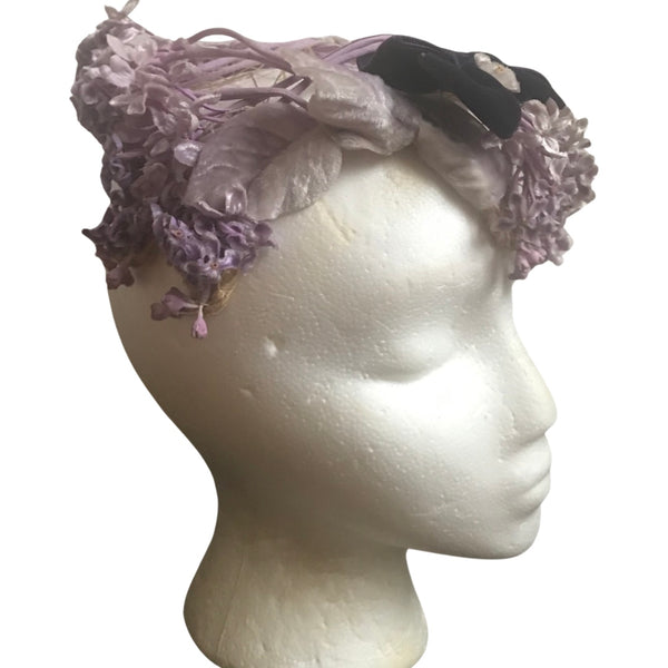 Vintage 1950s Purple Floral Juliette Cap Hat