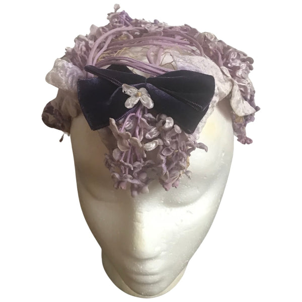 Vintage 1950s Purple Floral Juliette Cap Hat