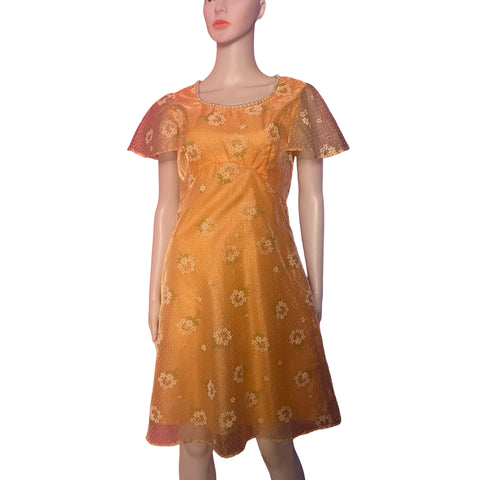 Vintage 1960s Mod Hippie Peach Floral Dress