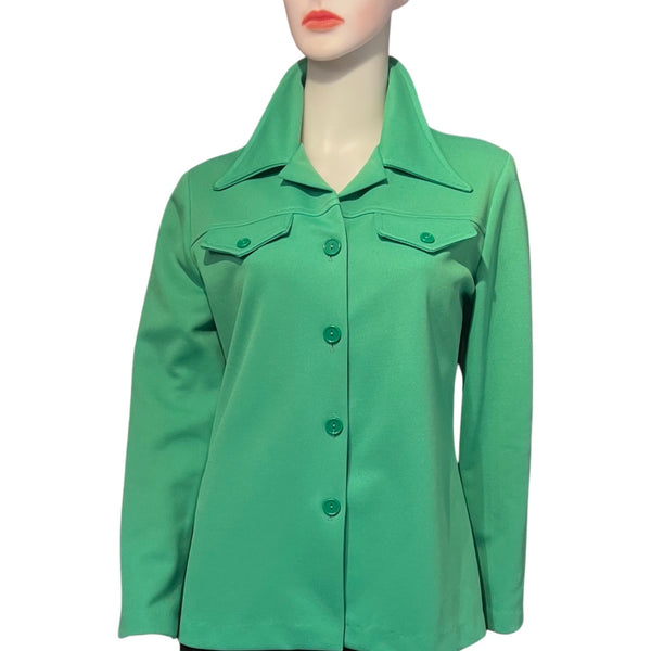 Vintage 1970s Green Polyester Button Down Blouse