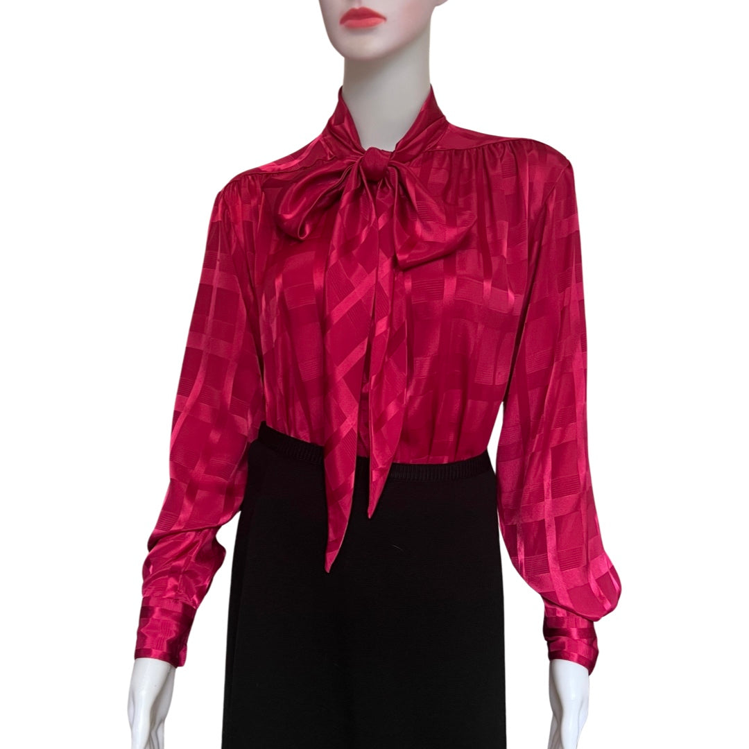 Vintage 1970s Satin Magenta Pussybow Blouse