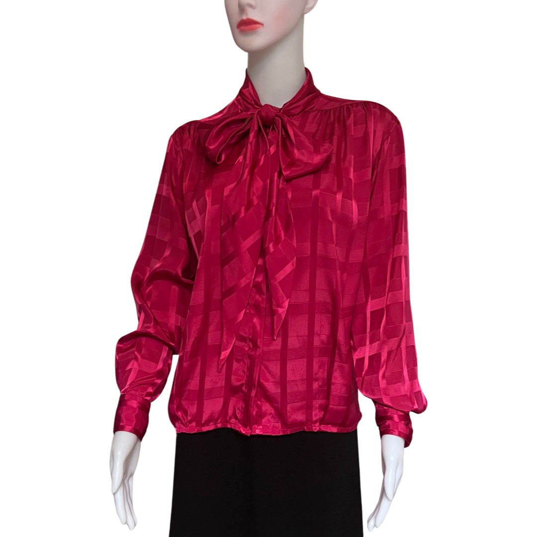 Vintage 1970s Satin Magenta Pussybow Blouse