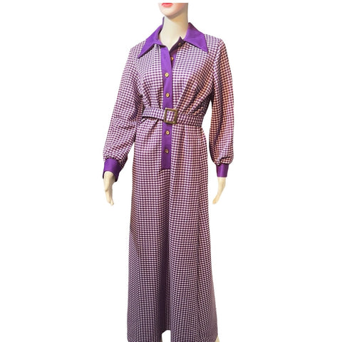 Vintage 1970s Purple Checked Print Maxi Dress