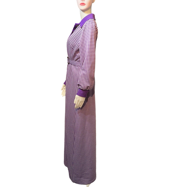 Vintage 1970s Purple Checked Print Maxi Dress