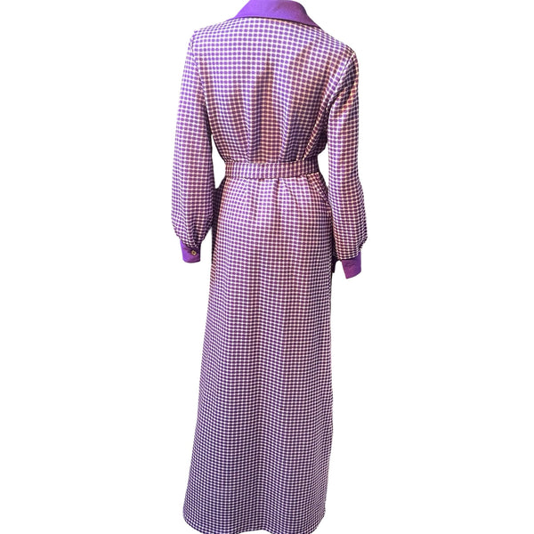 Vintage 1970s Purple Checked Print Maxi Dress