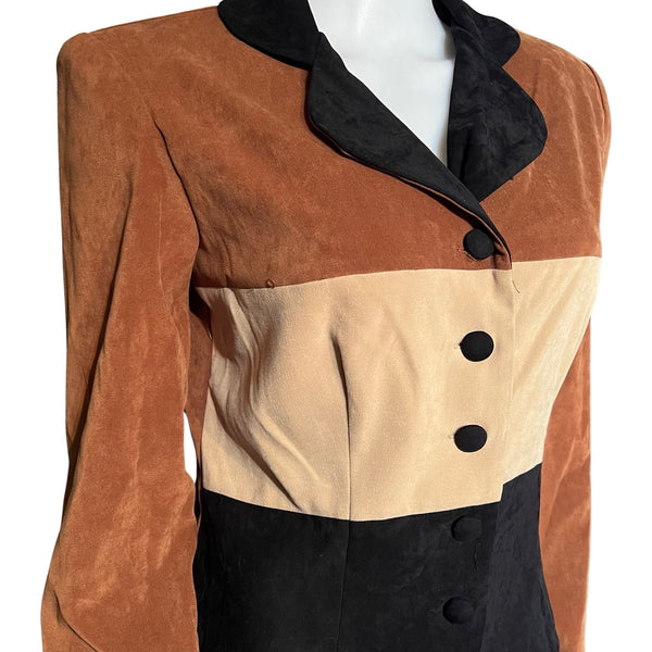 Vintage 1980s Faux Suede Colorblock Skirt Suit