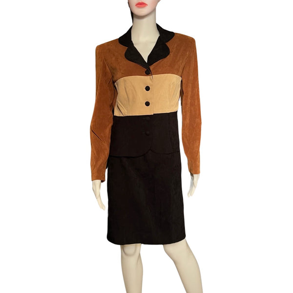 Vintage 1980s Faux Suede Colorblock Skirt Suit