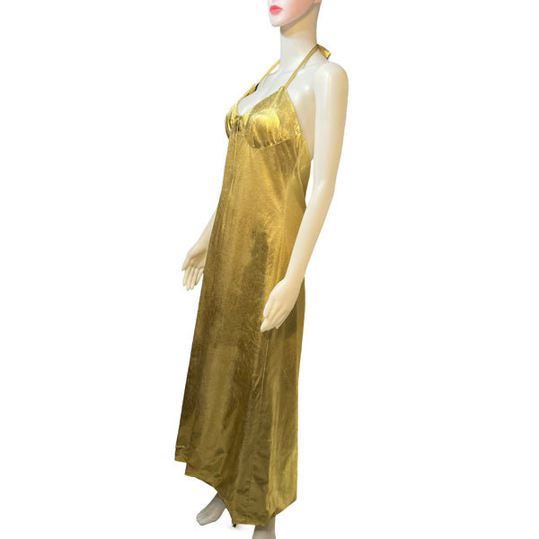 Vintage 1980s Gold Lamé Halter Maxi Dress