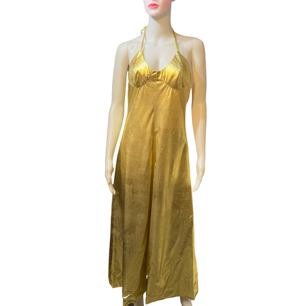 Vintage 1980s Gold Lamé Halter Maxi Dress