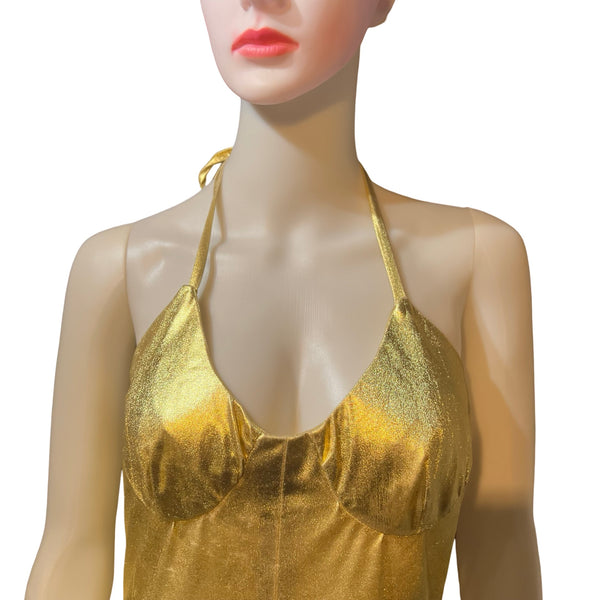 Vintage 1980s Gold Lamé Halter Maxi Dress