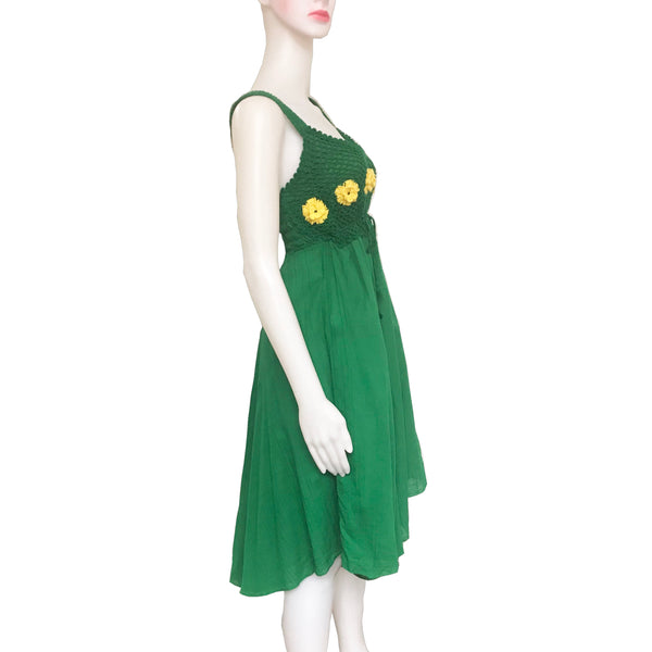 Vintage 1960s Green Smocked Sundress With Flowers