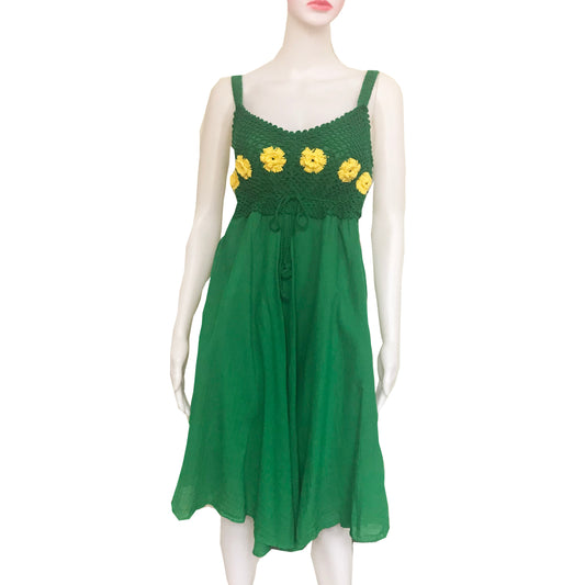 Vintage 1960s Green Smocked Sundress With Flowers