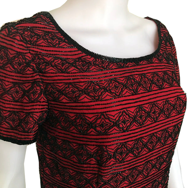 Vintage 1980s Black & Red Beaded Silk Blouse