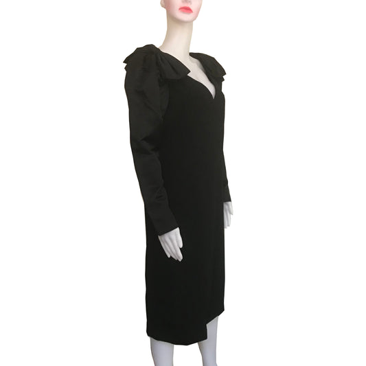 Vintage 1960s Mollie Parnis Black Wool Bow Dress