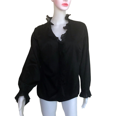 Vintage 1970s Black Satin Ruffled Bodysuit