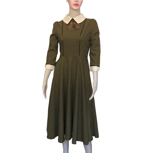 Vintage 1950s Green Cotton Day Dress With Bow