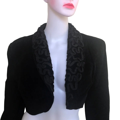 Vintage 1980s Black Suede Embroidered Bolero Jacket